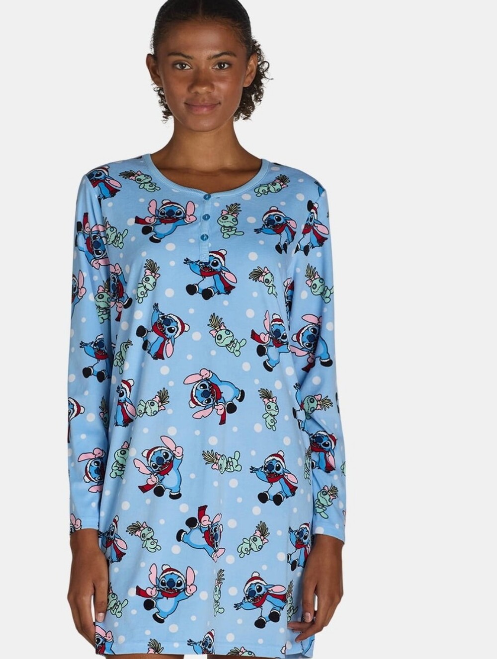 Disney Light Blue Stitch Long-Sleeve Nightgown with Pink Ear Accents Medium